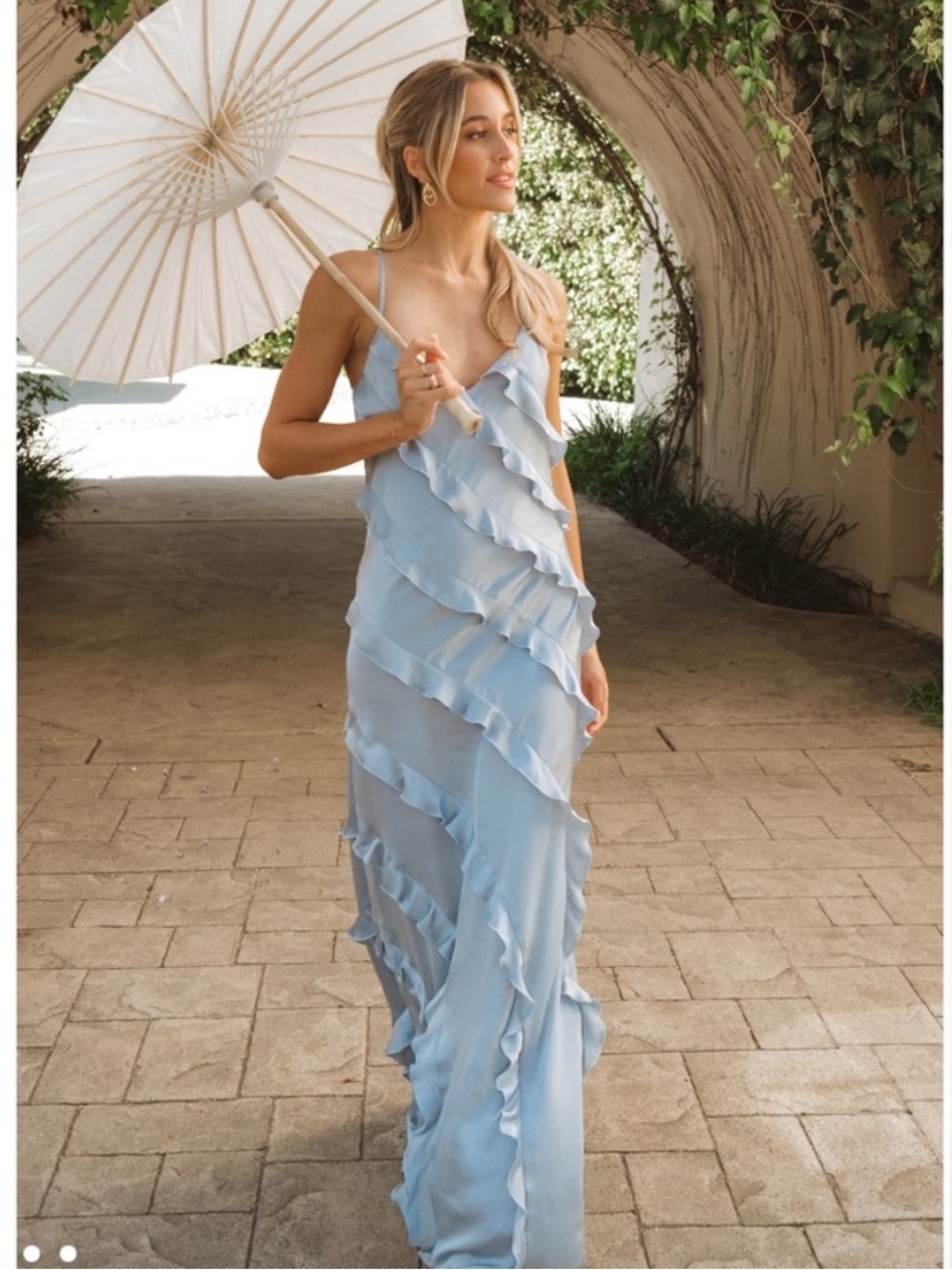 Show me your mumu Romance Ruffle Dress
Steel Blue Luxe Satin size S NWOT wedding